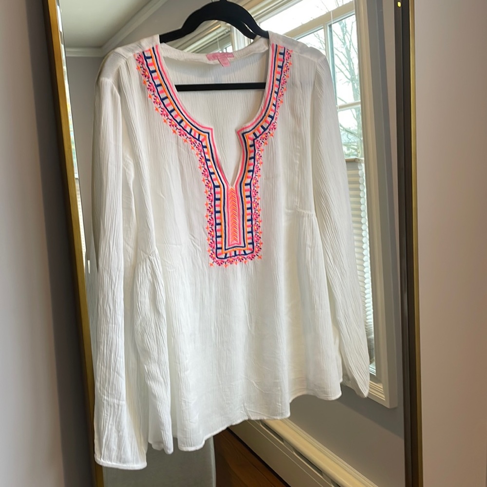 White gauze tunic blouse with embroidery